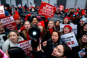 Nurses stage a strike in front of Mt. Sinai Hospital in the Manhattan borough of New York Monday, after negotiations broke down hours earlier.