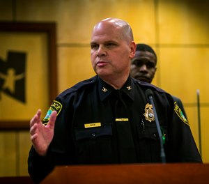 Newport News Police Chief Steve addresses media during a press conference at the Newport News School Administration Office in Newport News, Va., on Monday Jan. 9, 2023. Drew said a 6-year-old student fired the handgun that wounded a Virginia first-grade teacher while she was teaching class on Friday, Jan. 6 at Richneck Elementary School.
