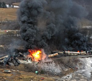 A drone photo shows portions of a Norfolk and Southern freight train that derailed on Feb. 3 in East Palestine, Ohio.