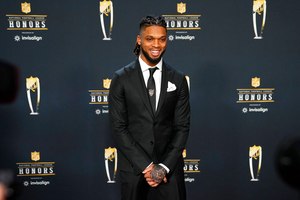Damar Hamlin arrives for the NFL Honors award show ahead of the Super Bowl 57 football game in February. “As I was growing up playing football, I don’t recall ever thinking about CPR or knowing where an AED was in my school or on the athletic field,” Hamlin said recently.