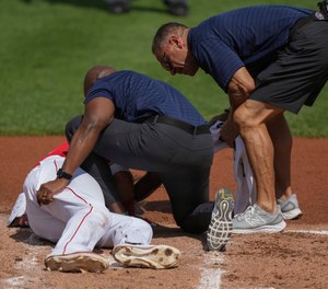 Justin Turner, who has a one-year contract with the Boston Red Sox, was hit in the side of the face by a pitch on Mar. 6, 2023.
