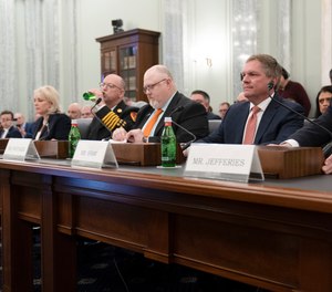 Witnesses from left: NTSB Chair Jennifer Homendy; Ohio Western Reserve Joint Fire District Chief David Comstock; Ohio State SMART-TD Legislative Director Clyde Whitaker; and Norfolk Southern CEO Alan Shaw during a Senate Commerce, Science, and Transportation Committee hearing on improving rail safety in response to the East Palestine, Ohio train derailment, on Capitol Hill in Washington, Wednesday, March 22, 2023.