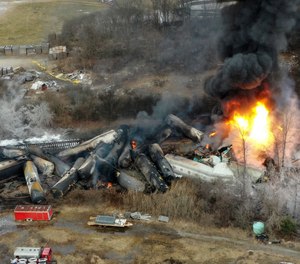 This photo taken with a drone shows portions of a Norfolk and Southern freight train that derailed the night before in East Palestine, Ohio, on Feb. 4, 2023.