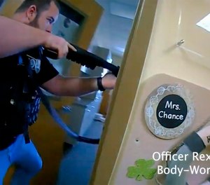This image shows bodycam footage of officers responding to the active shooting at The Covenant School in Nashville, Tenn., on Monday, March 27, 2023.