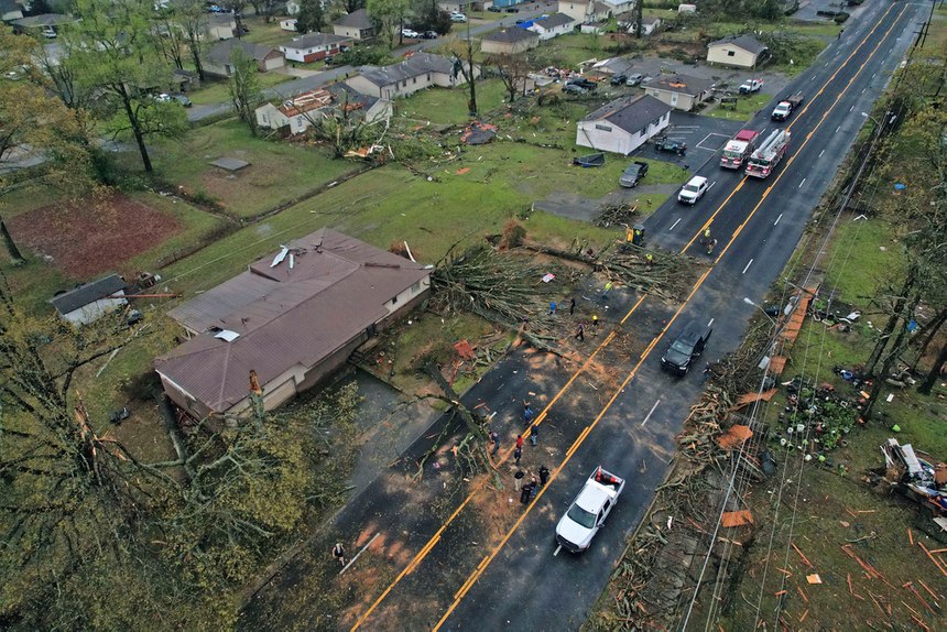 Damage to homes on E. Kiehl Ave. can be seen after a tornado caused extensive damage in the area Friday, March 31, 2023 in Sherwood, Ark.