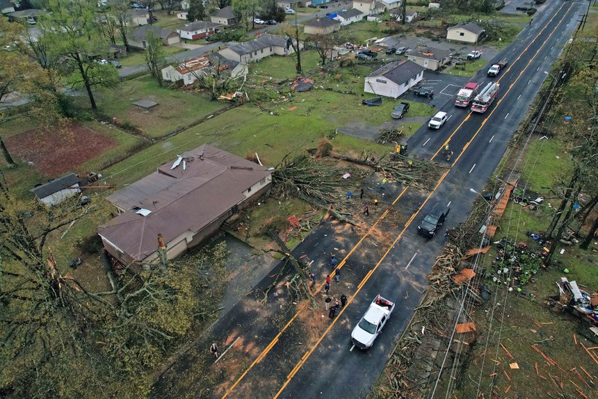 Damage to homes on E. Kiehl Ave. can be seen after a tornado caused extensive damage in the area Friday, March 31, 2023 in Sherwood, Ark.