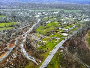 The Missouri State Highway Patrol used a drone to take photos like this one as it surveyed the damage from a tornado that hit southeast Missouri early Wednesday.