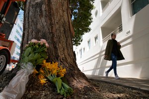 Flowers have been set outside an apartment building where technology executive Bob Lee was fatally stabbed Wednesday in San Francisco.