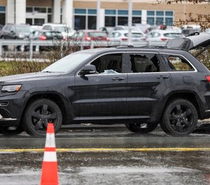 A vehicle involved in a shooting with Oregon State Police is seen Monday, April 10, 2023, in Salem, Ore. The shooting, involving an Oregon State Police trooper, left one person dead and closed all northbound lanes of Interstate 5.