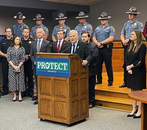 Attorney General Tim Griffin speaks at the bill signing ceremony for a sentencing overhaul measure, Tuesday, April 11, 2023, at the Arkansas State Police headquarters, in Little Rock, Ark. The bill signed by Gov. Sarah Huckabee Sanders will eliminate parole eligibility for certain violent offenses.