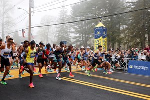 The elite men's group began running the Boston Marathon on Monday.