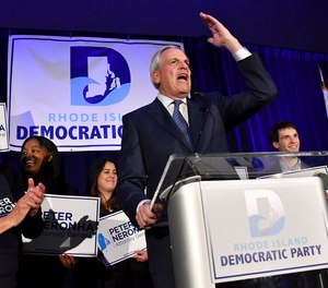 Attorney General Peter Neronha gives a victory speech after winning a second term, during an election-night gathering of Rhode Island Democratic candidates and supporters on Nov. 8, 2022, in Providence, R.I. Neronha on Thursday, May 25, 2023, filed a lawsuit against the manufacturers of so-called “forever chemicals.