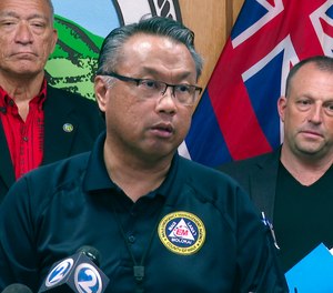 Maui Emergency Management Agency Administrator Herman Andaya speaks during a news conference.