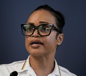 Philadelphia Police Commissioner Danielle Outlaw speaks with members of the media during a news conference in Philadelphia, Wednesday, Aug. 23, 2023.