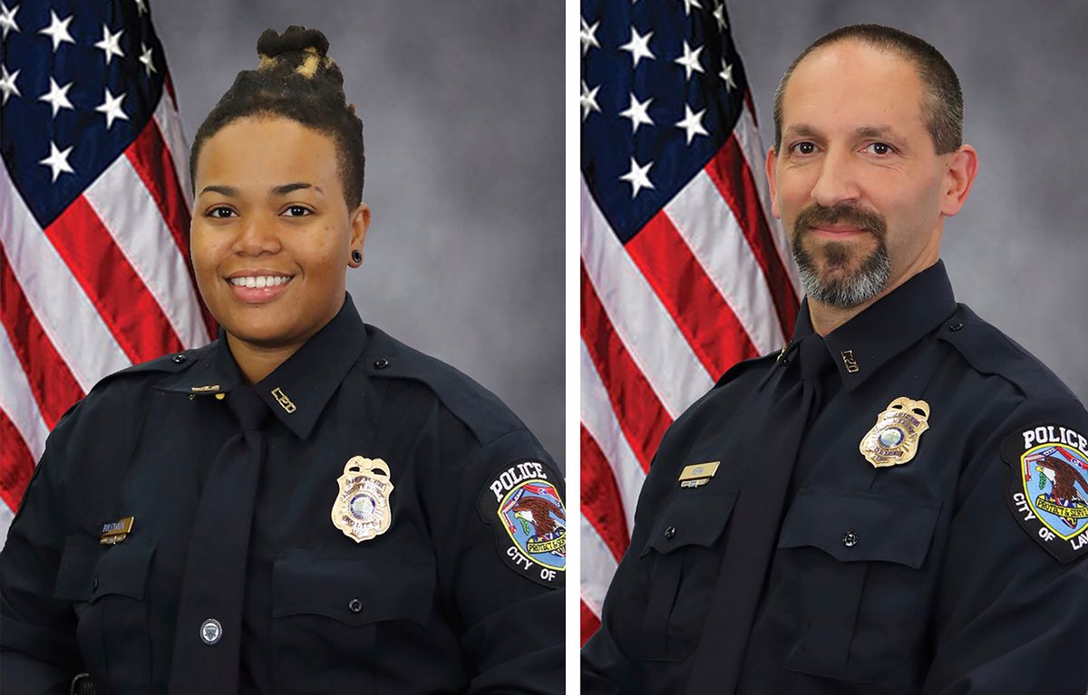 These images provided by the City of La Vergne shows La Vergne Police Officers Ashely Boleyjack and Gregory Kern. Police in Tennessee were searching Sunday, Oct. 22, 2023 for the estranged son of Nashville's police chief as the suspect in the shooting of the two police officers outside a Dollar General store.