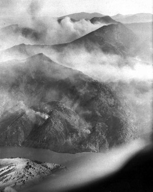 An August 1949 photo shows the scope of the Mann Gulch fire near Helena, Mont., which took the lives of 12 smokejumpers and a forest ranger when a wall of flame raced up a steep hillside.