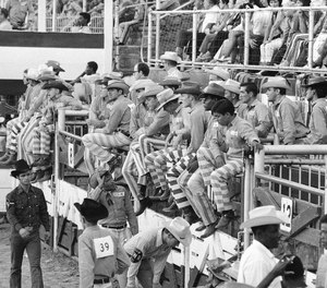 To separate the inmates from the professional cowboys participating in the rodeo at the Oklahoma State Penitentiary, trousers with prison stripes are worn by the inmates, seen Sept. 29, 1971, in McAlester, Oklahoma.