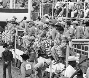 To separate the inmates from the professional cowboys participating in the rodeo at the Oklahoma State Penitentiary, trousers with prison stripes are worn by the inmates, seen Sept. 29, 1971, in McAlester, Oklahoma.