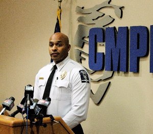 Police Chief Kerr Putney addresses reporters at his weekly briefing on Wednesday, March 29, 2017, in Charlotte, N.C. (AP Photo/Skip Foreman)