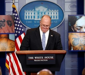 Thomas D. Homan, acting Director for U.S. Immigration and Customs Enforcement, pauses while speaking during a press briefing at the White House, Thursday, July 27, 2017, in Washington. (AP Photo/Alex Brandon)