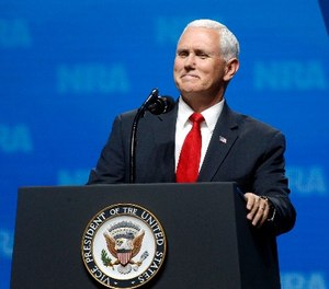 Vice President Mike Pence smiles as he speaks at the National Rifle Association Leadership Forum in Dallas, Friday, May 4, 2018.