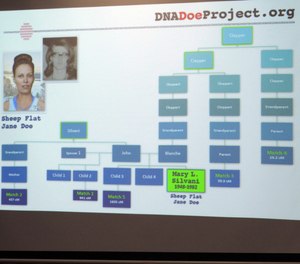 Washoe County Sheriff's investigators displayed this family tree created by the DNADoeProject on Tuesday, May 7, 2019, announcing that new DNA evidence determined the woman whose body was found near a hiking trail in 1982 was killed by a man who committed suicide in jail a year later after confessing to three other murders in California.