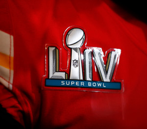 Kansas City Chiefs defensive end Frank Clark (55) during a news conference on Tuesday, Jan. 28, 2020 for the NFL Super Bowl 54 football game in Aventura, Fla.