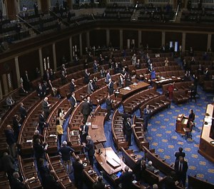 In this image from video, members of the House stand after they passed the coronavirus stimulus package on the floor of the House of Representatives at the U.S. Capitol in Washington, Friday, March 27, 2020. A House representative has proposed a three-month tax holiday for first responders during the COVID-19 pandemic. (Photo/House Television via AP)