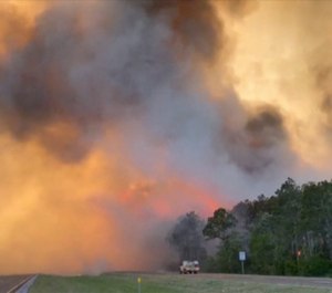 In this image made from video taken May 6, 2020 by the Florida Department of Agriculture and Consumer Services, fire and smoke rise from trees alongside a road in Santa Rosa County, Florida. Wildfires raging in the Florida Panhandle have forced nearly 500 people to evacuate from their homes, authorities said. (Photo/Florida Department of Agriculture and Consumer Services via AP)