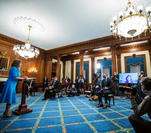 House Speaker Nancy Pelosi of Calif., speaks during a news conference on Capitol Hill, Thursday, May 7, 2020, in Washington. Pelosi unveiled a $3 trillion COVID-19 aid package on Tuesday that would include $200 billion in hazard pay for essential workers.