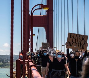 Protestors demonstrate on the Golden Gate Bridge in Francisco, California on June 6, 2020.