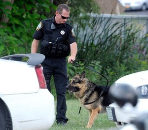 A police K-9 team rest after searching for suspects in the shooting of a police officer Tuesday, Sept. 1, 2015 in Fox Lake, Ill. (AP Photo/Michael Schmidt)