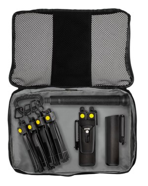 The 12-piece system comes in a durable, slim-profile storage and transport bag.