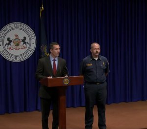 Screenshot of Auditor General Eugene DePasquale and Latrobe Volunteer Fire Chief John Brasile conducting a news a conference. (Photo/Pennsylvania Auditor General, Facebook)