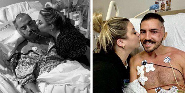Left: J.C. and Christine in the ICU not long after the attack. Right: J.C. and Christine in the hospital after an abscess formed on his right temporal incision.