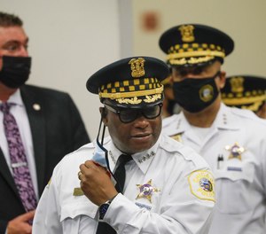 Chicago police Superintendent David Brown arrives to speak to the media at police headquarters in Chicago on July 13, 2021.