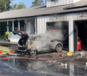A 2019 Chevy Bolt electric vehicle caught fire at a home in Cherokee County, Georgia, on Monday, Sept. 13, 2021.