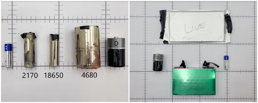 Left photo: Cylindrical cells in the middle. AA- and D-size batteries for scale. Right photo: Pouch (top) and prismatic (bottom). AA- and D-size batteries for scale.