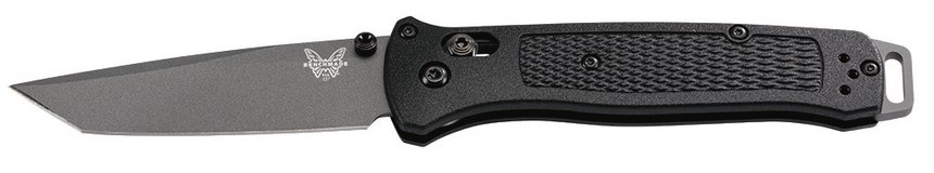 The Benchmade Bailout features a plain or serrated tanto blade in gray. 