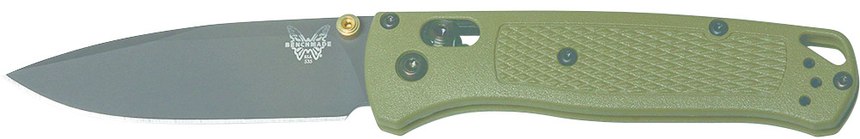 The Benchmade Bugout is available with a plain or serrated drop-point blade in satin, gray or black and a choice of black, blue or ranger green handle (gray/green shown).