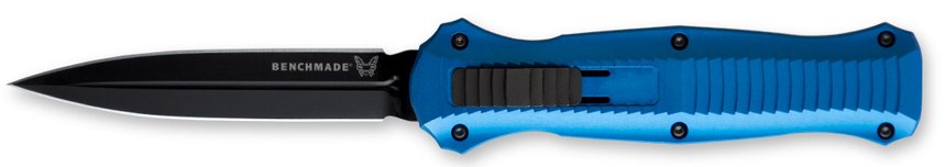The Benchmade 3300BK-2001 Infidel features a black blade with a vivid blue handle.