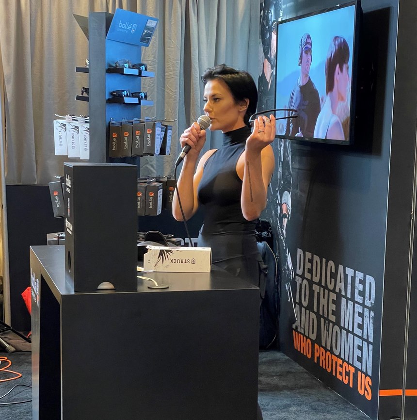 Jade Struck, who trained Keanu Reeves for his role "John Wick," shows off her shooting glasses co-designed with Bollé.