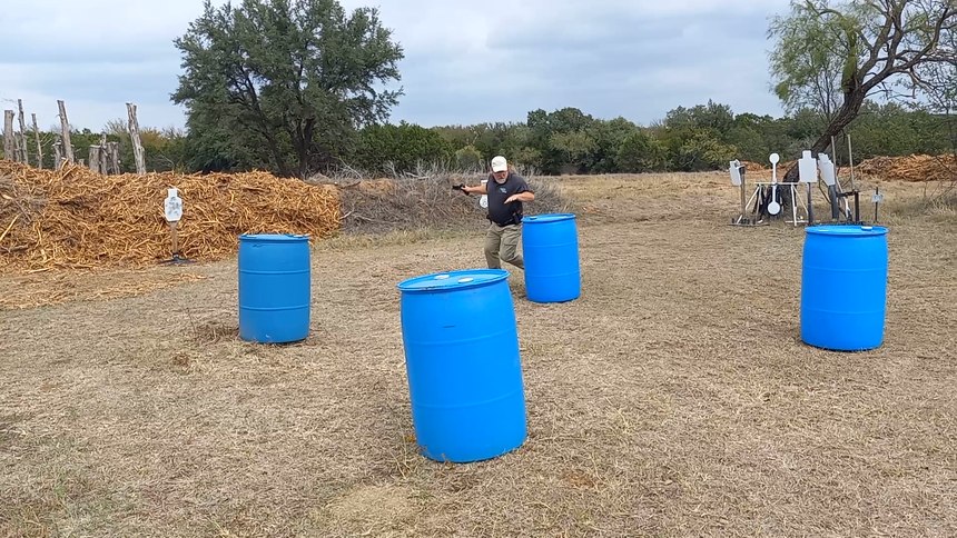 After engaging while moving to my right, I’m backing around barrel #3 while keeping my muzzle downrange.