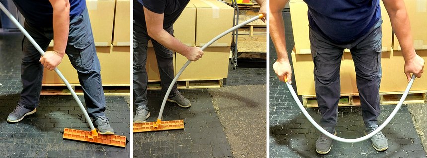 Briarwood Products tests its strong but flexible plastic mops and broom handles with each production run. The poles are bent and twisted to ensure that the products can withstand significant abuse, and that there are no stress marks after bending.