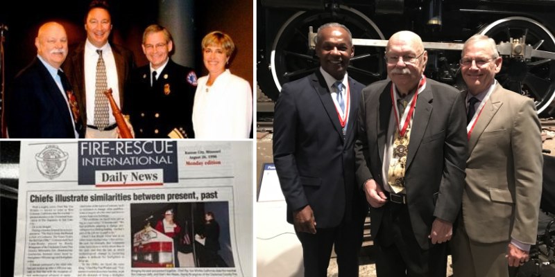 Top left: Coleman (left) with Bruegman (second from right) when the latter was sworn in as chief in Fresno, California. Bottom left: The Fire-Rescue International Daily News story shows Coleman and Bruegman during the opening session of the conference. Right: IAFC past president Lamont Ewell (left), Coleman and Bruegman attending the Howard Rayon Award dinner in 2022.