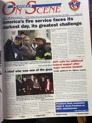 Chief Buckman's copy of the IAFC's On Scene Magazine from Oct. 1, 2001, shows coverage of the association's early efforts to increase staffing.