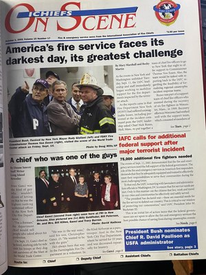Chief Buckman's copy of the IAFC's On Scene Magazine from Oct. 1, 2001, shows coverage of the association's early efforts to increase staffing.