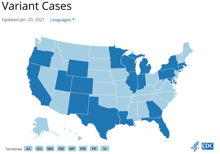 The CDC is tracking all variant cases found in the U.S. States colored dark blue have at least 1 confirmed case of a COVID-19 variant.