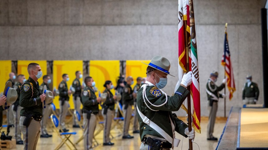 The cadets also receive training in traffic control, report writing, recovery of stolen vehicles, assisting the motoring public, issuing citations, emergency scene management, and knowledge of various codes including the Vehicle Code, Penal Code, and Health and Safety Code.