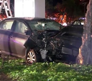 This April 23, 2019, image from video provided by KGO-TV, shows the scene of a car crash where several pedestrians were struck and injured in Sunnyvale, Calif. The FBI says it's assisting California officials in the investigation of a motorist who appeared to deliberately plow into the group of people. (KGO-TV via AP)